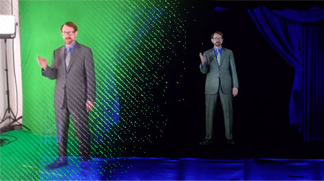 Daniel in front of a green screen and as a hologram on stage at live event