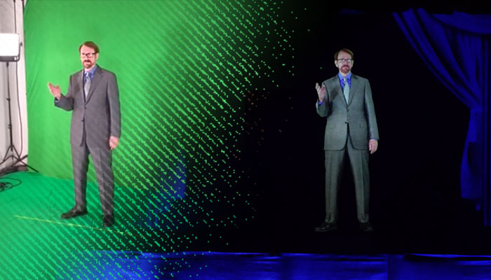 Daniel in front of a green screen and as a hologram on stage at live event