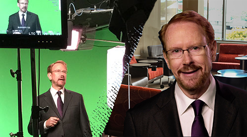 Daniel Burrus in front of green screen and seen on large screen in front of a live audience