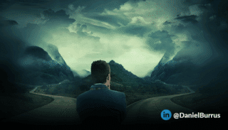 Man standing at a fork in the road under a stormy sky, symbolizing decision-making during uncertainty and choosing a strategic path forward.