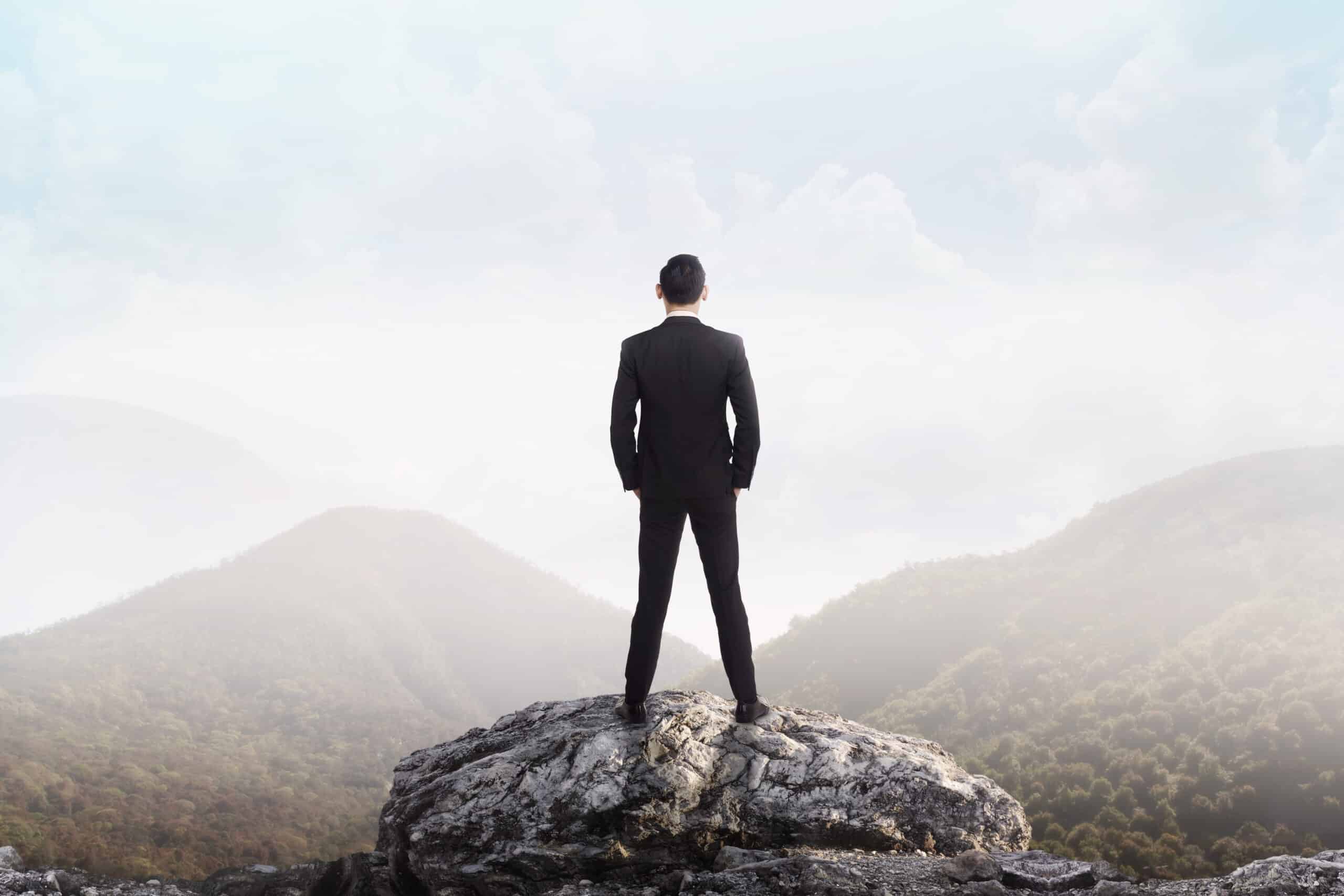 Business Man Standing On The Top Of The Mountain Looking At The