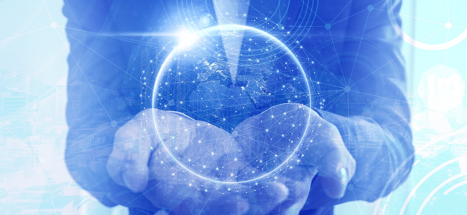 Businessman holding a glove with connection dots. Global corporate communication concept for business websites.