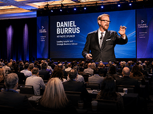 Daniel Burrus on-screen for a digital keynote