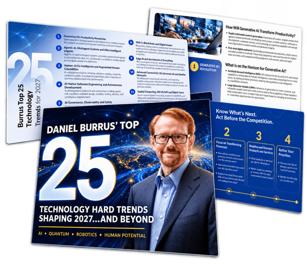 Daniel Burrus’ Top 25 Technology Hard Trends Shaping 2027 and Beyond report cover with a collage of interior trend pages.