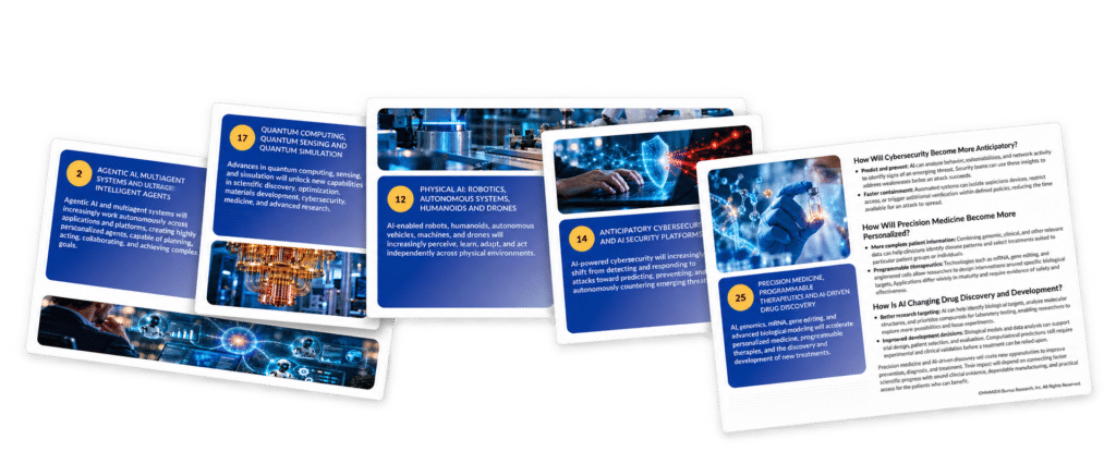 Collage of interior pages from Daniel Burrus’ Top 25 Technology Hard Trends for 2027 report, featuring Agentic AI, robotics, cybersecurity, quantum computing, and precision medicine.
