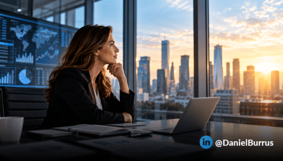 Business leader looking toward the future of accounting and finance with financial data and a city skyline in the background.